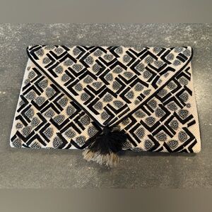 Shirdee beaded & woven clutch/crossbody in cream, black, & gray with tassel